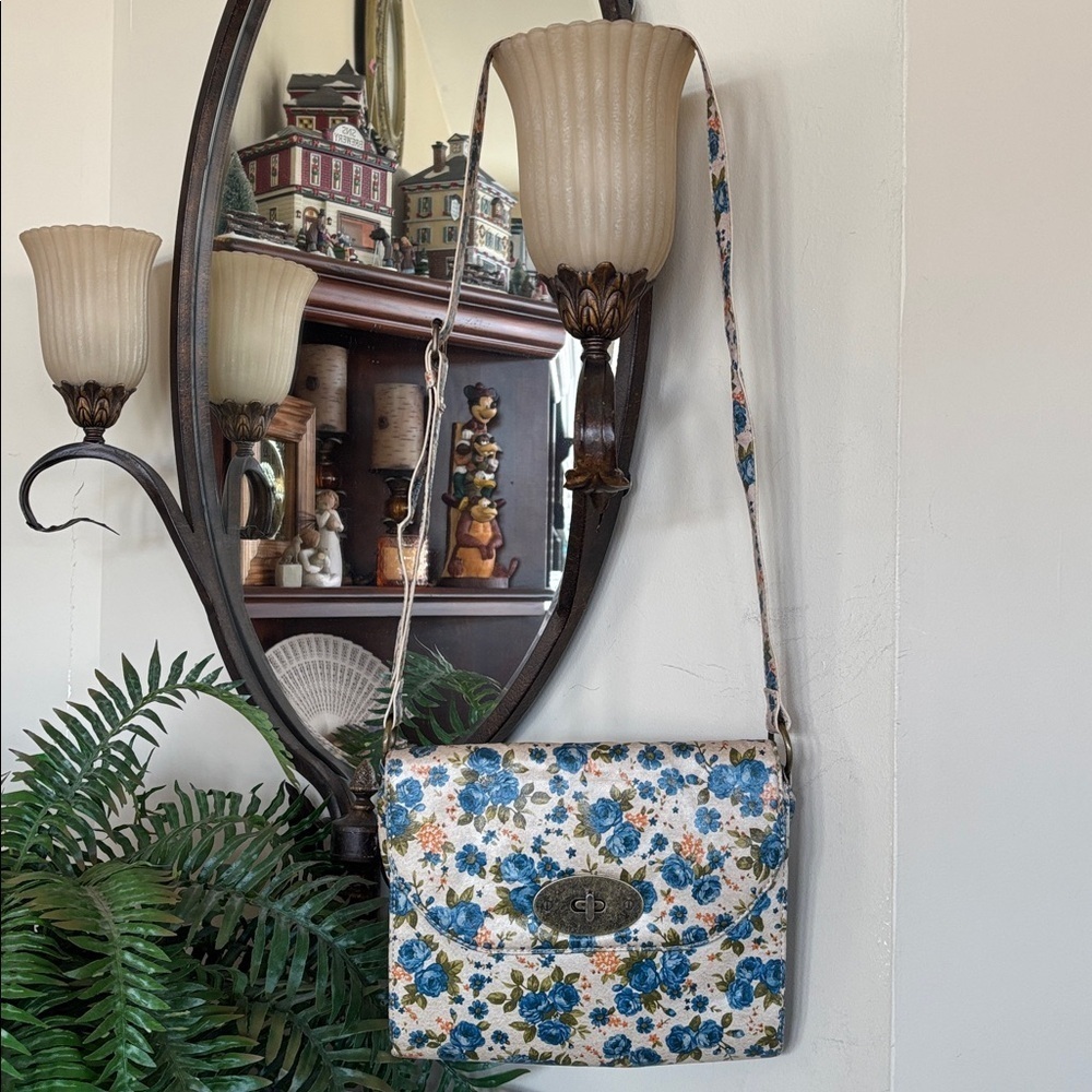 Floral Crossbody Purse Adjustable Strap Cream Blue & Orange Vegan Antique Brass
